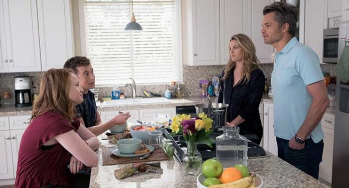 Liv Hewson, Skylar Gisondo, Drew Barrymore, and Timothy Olyphant in Netflix Original Series Santa Clarita Diet Season 2. Photo Credit: Saeed Adyani/Netflix