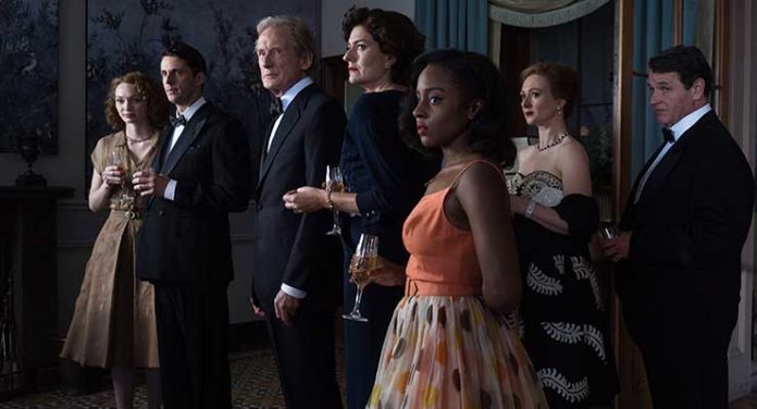 From left to right: Eleanor Tomlinson as Mary Durrant, Matthew Goode as Philip Durrant, Bill Nighy as Leo Argyll, Anna Chancellor as Rachel Argyll, Crystal Clarke as Tina Argyll, Frances Grey as Lydia Gould, Brian McCardie as Bellamy Gould