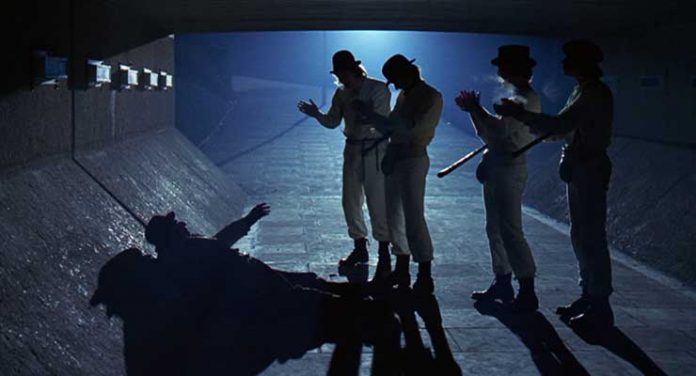 Malcolm McDowell, Warren Clarke, Paul Farrell, James Marcus, and Michael Tarn in A Clockwork Orange (1971)