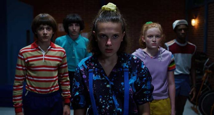 Noah Schnapp, Finn Wolfhard, Millie Bobby Brown, Sadie Sink, and Caleb McLaughlin in Stranger Things Season 3