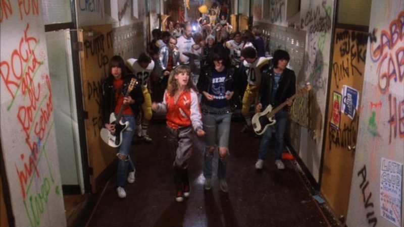 Paul Bartel, P.J. Soles, Clint Howard, Dee Dee Ramone, Joey Ramone, Johnny Ramone, and Ramones in Rock 'n' Roll High School (1979)