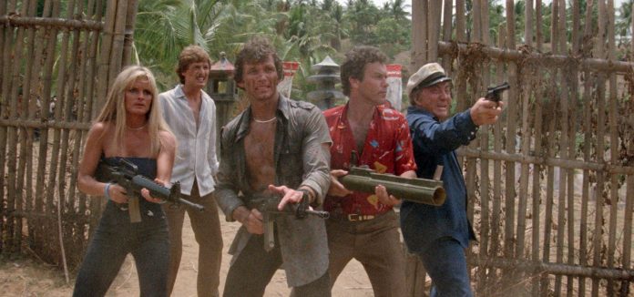 Geoffrey Binney, John Dresden, Jillian Kesner, John Locke, and Cameron Mitchell in Raw Force (1982)