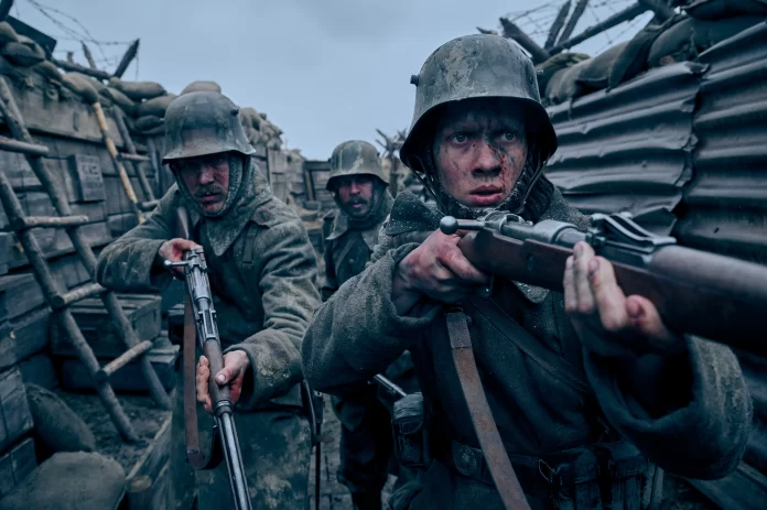 Felix Kammerer, Edin Hasanovic, and Albrecht Schuch in All Quiet on the Western Front (2022)