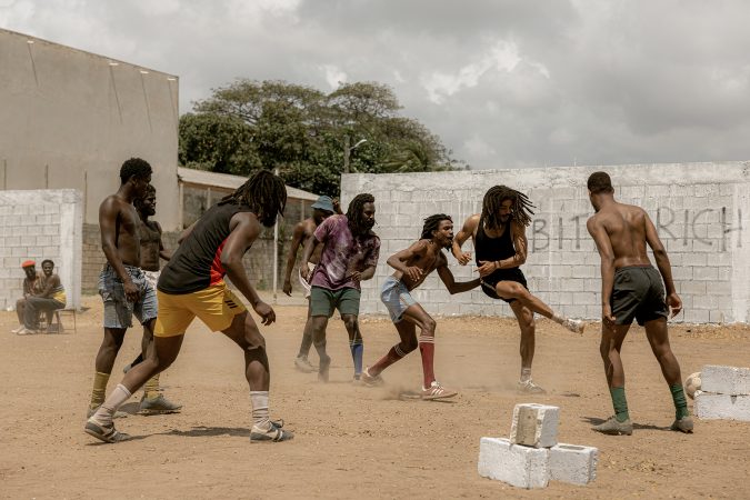 “Antonio 'Gillie' Gilbert”, Stefan Wade as “Seeco Patterson”, Sheldon Shepherd as “Neville Garrick”, and Kingsley Ben-Adir as “Bob Marley” in Bob Marley: One Love from Paramount Pictures.