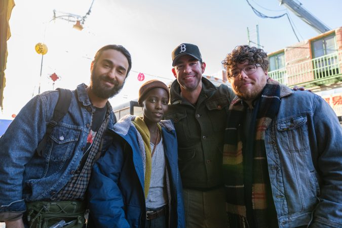 Alex Wolff as “Reuben”, Lupita Nyong’o as “Samira”, Producer John Krasinski, and Director Michael Sarnoski in A Quiet Place: Day One from Paramount Pictures.