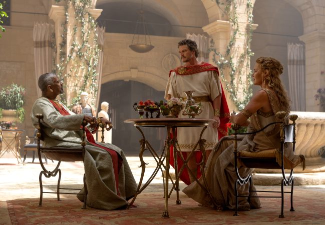 Denzel Washington plays Macrinus, Pedro Pascal plays General Acacius and Connie Nielsen plays Lucilla in Gladiator II from Paramount Pictures.