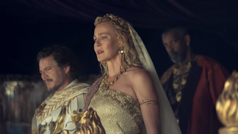 Pedro Pascal plays General Acacius, Connie Nielsen plays Lucilla and Denzel Washington plays Macrinus in Gladiator II from Paramount Pictures.