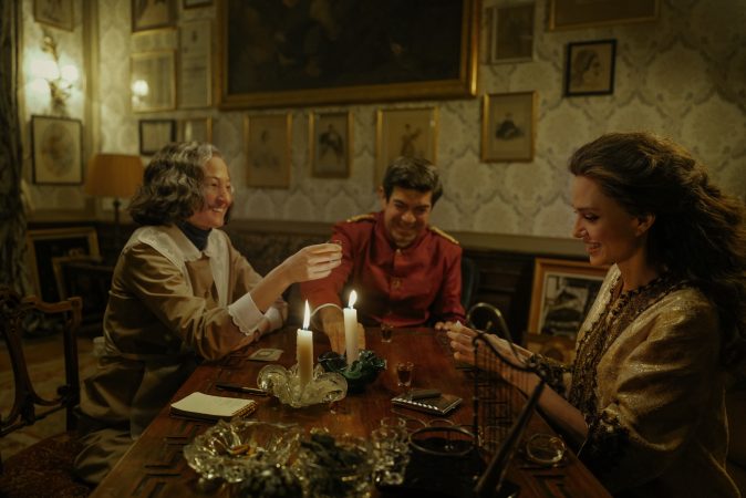 MARIA. (L to R) Alba Rohrwacher as Bruna Lupoli, Pierfrancesco Favino as Ferruccio Mezzadri and Angelina Jolie as Maria Callas in Maria. Cr. Pablo Larraín/Netflix © 2024.