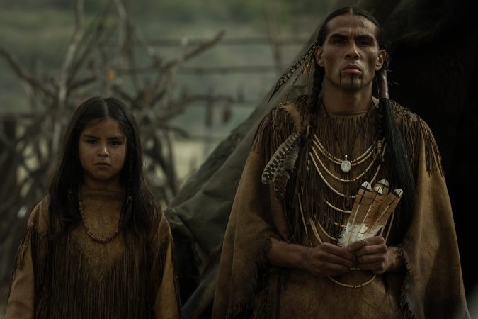 AMERICAN PRIMEVAL. (L to R) Mosiah Crowfoot as Young Elk and Derek Hinkey as Red Feather in Episode 104 of American Primeval. Cr. Matt Kennedy/NETFLIX © 2023