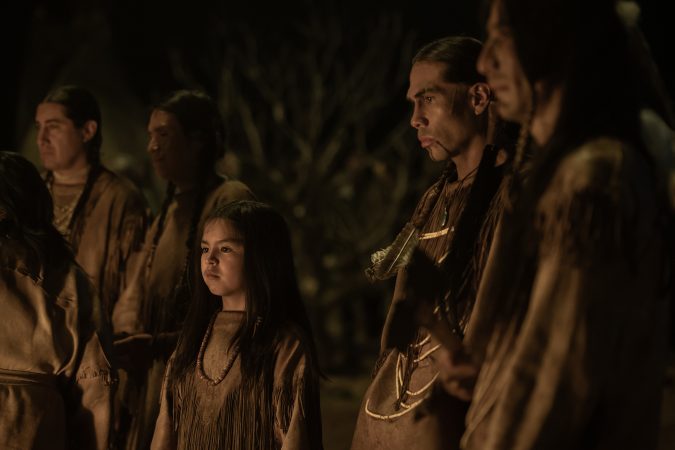 AMERICAN PRIMEVAL. (L to R) Mosiah Crowfoot as Young Elk and Derek Hinkey as Red Feather in Episode 104 of American Primeval. Cr. Matt Kennedy/NETFLIX © 2023