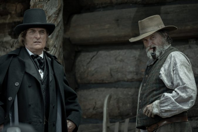 AMERICAN PRIMEVAL. (L to R) Kim Coates as Brigham Young and Shea Whigham as Jim Bridger in Episode 106 of American Primeval. Cr. Matt Kennedy/NETFLIX © 2023