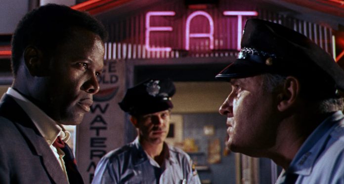 Sydney Poitier, Rod Steiger, and Warren Oates in In the Heat of the Night (1967)
