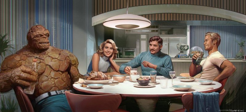 Matthew Wood, Pedro Pascal, Ebon Moss-Bachrach, Vanessa Kirby, and Joseph Quinn in The Fantastic Four: First Steps (2025)